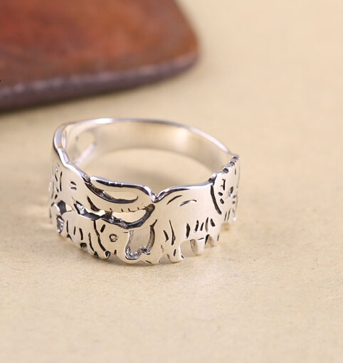 Lucky Carving Baby Elephants Hollow 925 Silver Ring